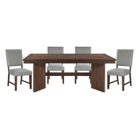 Walnut Finish Modern Dining Set 5pc Table with Self-Storing Extension Leaf and 4 Chairs Upholstered Wooden Furniture
