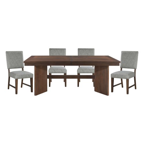 Walnut Finish Modern Dining Set 5pc Table with Self-Storing Extension Leaf and 4 Chairs Upholstered Wooden Furniture