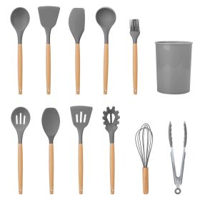 11Pcs Silicone Cooking Utensil Set Heat Resist Wooden Handle Silicone Spatula Turner Ladle Spaghetti Server Tongs Spoon Egg Whish Kitchenware Set w/ H (Option: HG_UtensilSet(Grey)_GPCT3024)